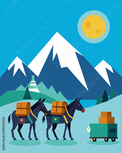 In remote mountain regions solarpowered mules are used to transport emergency supplies and equipment to hardtoreach areas.. Vector illustration
