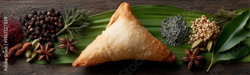 Culinary symphony: A crispy, golden samosa centerpiece, surrounded by an array of aromatic spices. A mouthwatering still life.