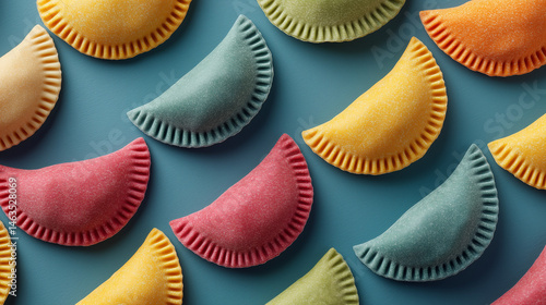 Colorful Food Arrangement: An overhead shot captures a vibrant array of colorful, single dumplings, meticulously arranged, each a unique testament to culinary artistry.