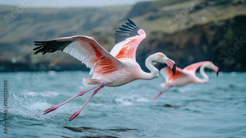 Flamingo in Flight Over Water, Splashing, Wildlife Photography