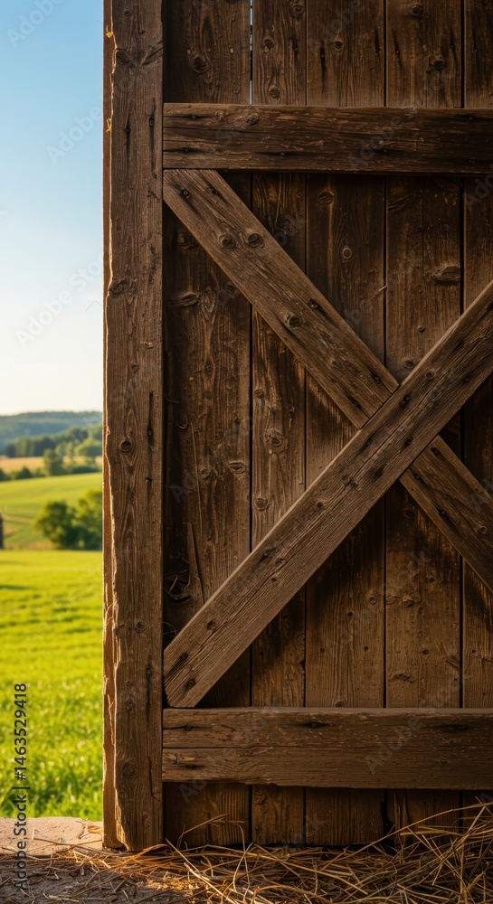 Naklejka premium Rustic wooden barn door overlooking green pasture. Traditional farm architecture. Rural countryside landscape. Agricultural building entrance with scenic view for countryside living concept