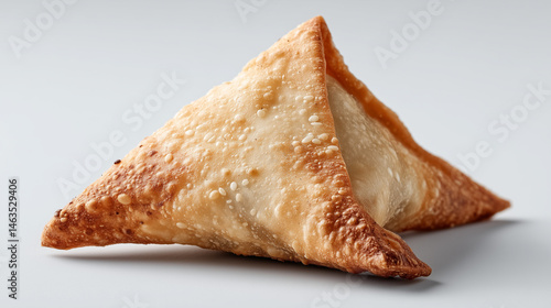 Golden, Crispy Samosa: A perfectly golden-brown, triangle-shaped samosa, showcasing its flaky crust and inviting textures, ready to be savored.