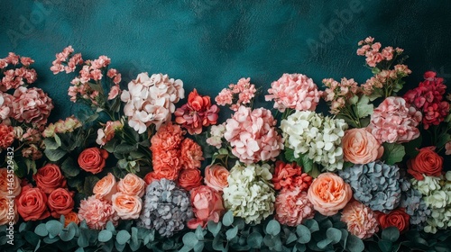 Wallpaper Mural Lush Floral Arrangement A Romantic Tapestry of Hydrangeas, Roses, and Carnations Against a Dark Torontodigital.ca