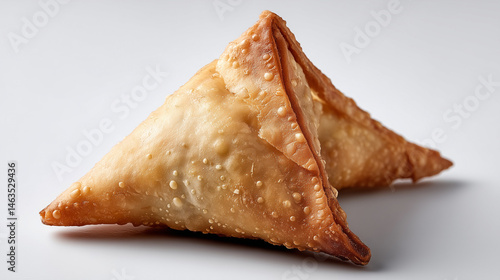Golden Triangle Delights: Two perfectly crafted samosas, their crispy, golden exteriors hinting at a flavorful, savory filling within, evoke a sense of culinary anticipation.