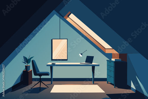 softly illuminated attic workspace with skylight 