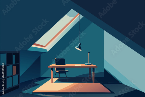 softly illuminated attic workspace with skylight