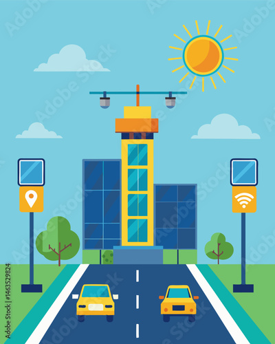 In a developing country a solarpowered traffic management center provides muchneeded infrastructure and resources for managing traffic in busy cities powered by the suns rays.. Vector illustration