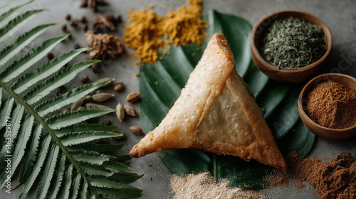 Culinary Symphony: An appetizing close-up captures a single, golden samosa, embraced by vibrant spices and verdant leaves, promising a delightful explosion of flavors and textures.