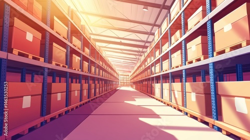 Warehouse Interior Shelves with Boxes Perspective Illustration Style Logistics Distribution Storage Delivery