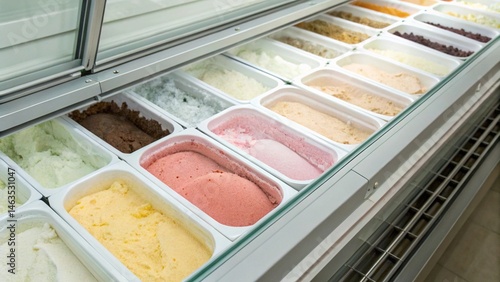 Close Up View of Ice Cream Containers in Various Flavors Inside Supermarket Freezer