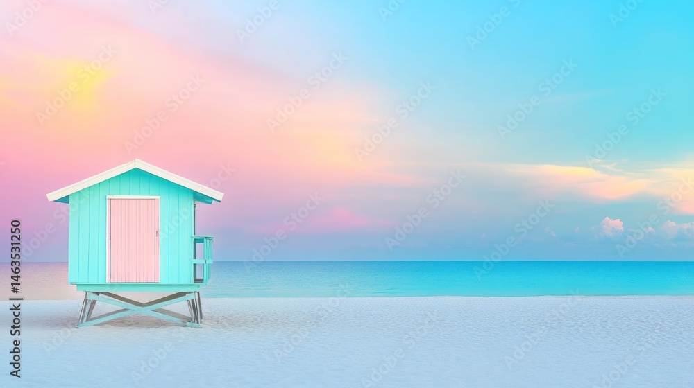 Teal lifeguard stand on tropical beach at sunset Teal lifeguard stand on tropical beach at sunset