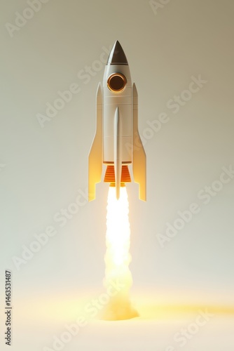 White Rocket Launching Upward with Fire and Smoke on Light Background Studio Shot