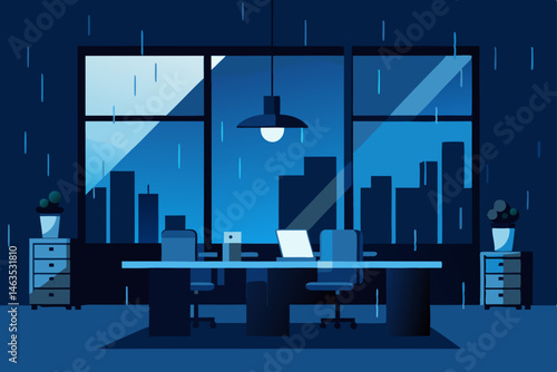 stormy mood office with moody blue tones and rain 