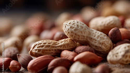Peanut Close Up: A detailed close-up shot of peanuts in their shells, showcasing the natural textures and colors of the nuts. The focus is sharp.