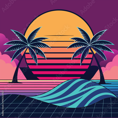 Tropical palm tree on a sandy beach with ocean waves under a summer sky, perfect for a vacation travel illustration