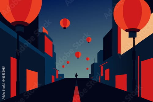 street flooded with red paper lanterns swaying 