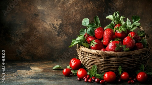 Fresh Ripe Strawberries in Rustic Basket with Cherries and Pomegranates