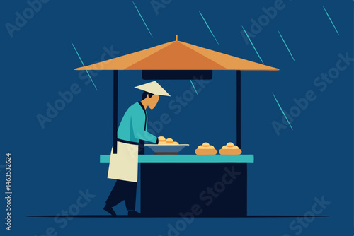 street vendor steaming dumplings under tarp 