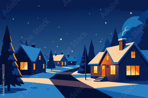suburban neighborhood in winter  lit only by christmas