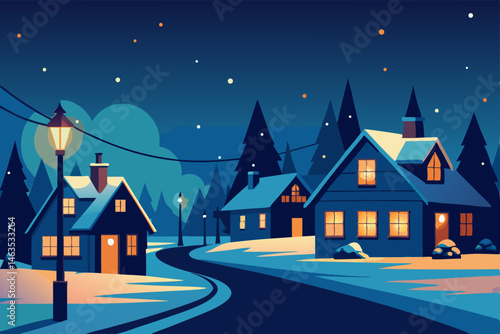 suburban neighborhood in winter  lit only by christmas