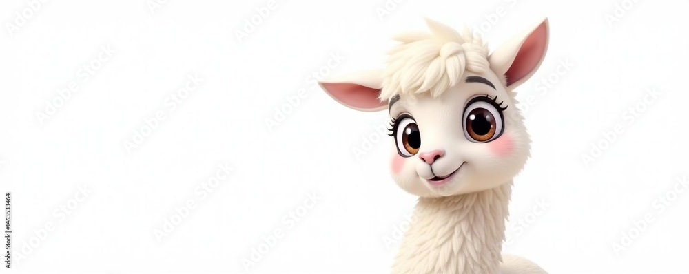 Fototapeta premium Cartoon llama, large expressive eyes, fluffy white mane, gentle smile, clean white backdrop, big eyes, illustration