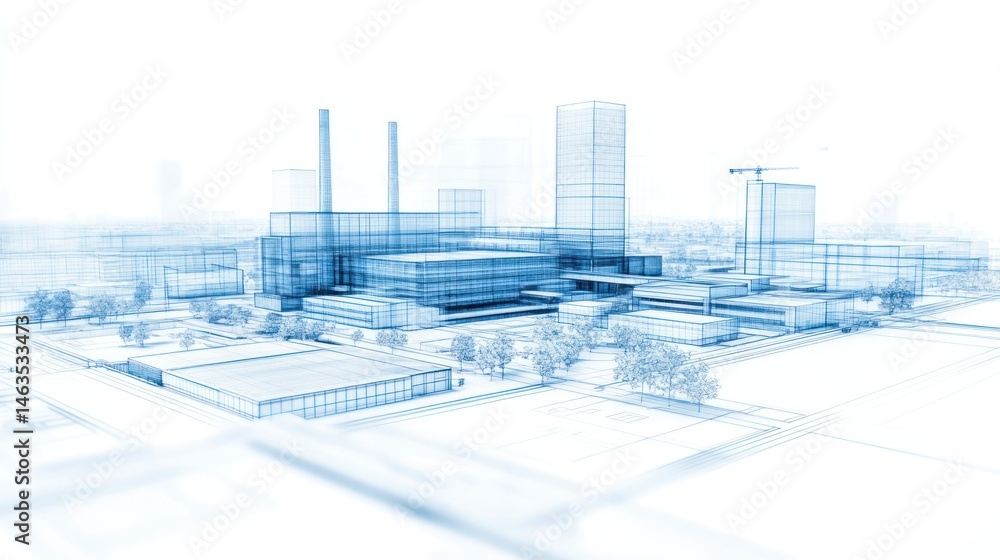 Obraz premium Industrial complex blueprint cityscape wireframe design