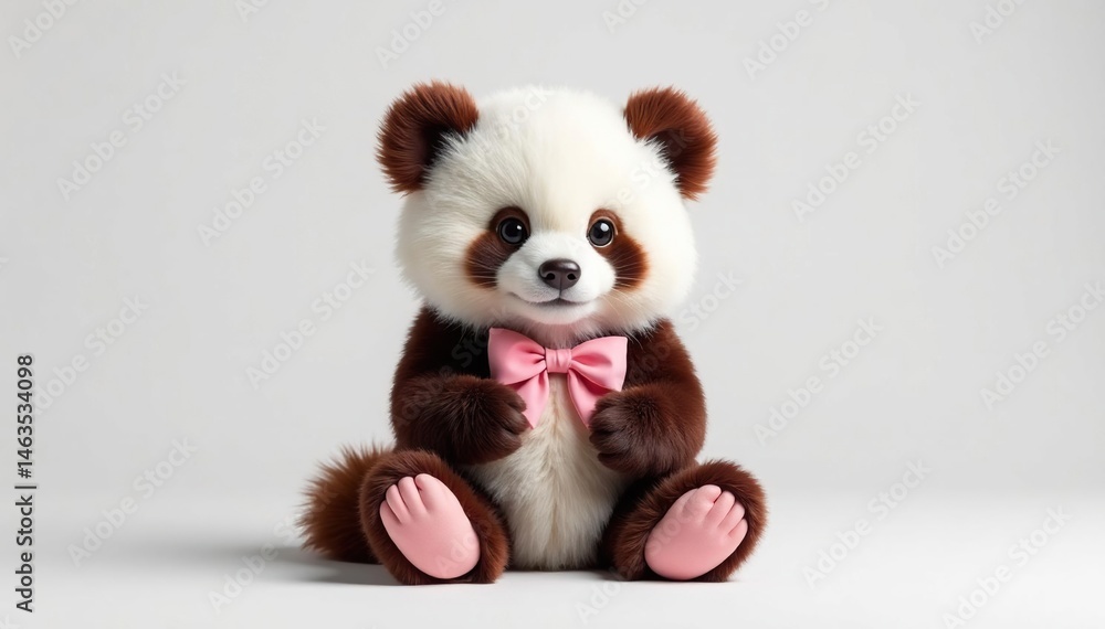 Fototapeta premium Fluffy panda bear with a pink bow, seated Adorable, innocent, white backdrop , panda, backdrop, animal