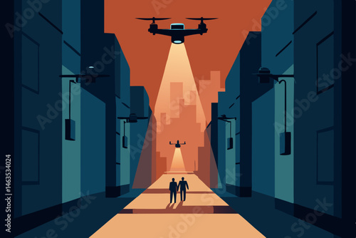 surveillance drones buzzing through a silent dark