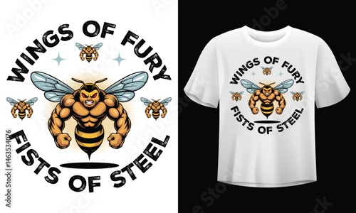 Muscular Bee Vector with Text – “Wings of Fury, Fists of Steel” Insect Mascot T-Shirt Design