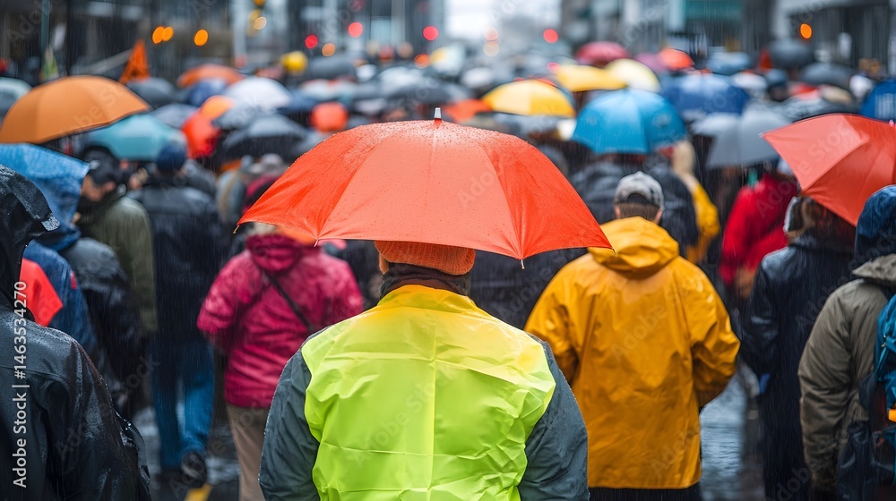Crowd of protesters walking in a rainy city street. Crowd of protesters walking in a rainy city street.