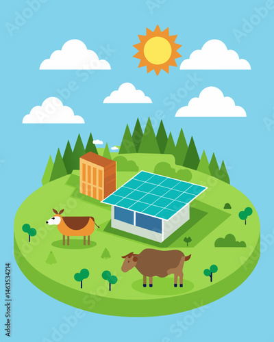The grassy plains home to herds of grazing animals now had small solar panels p around the perimeter ensuring a minimal disturbance to the animals while still providing a source of. Vector