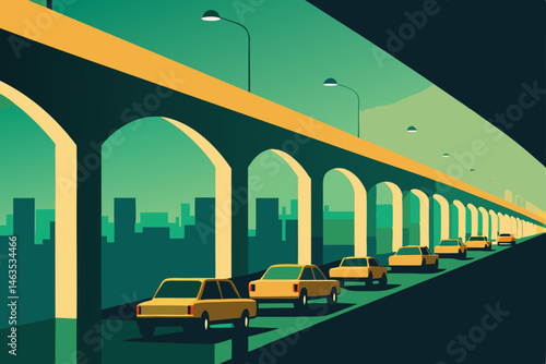taxi queue under a highway bridge glowing in gold  