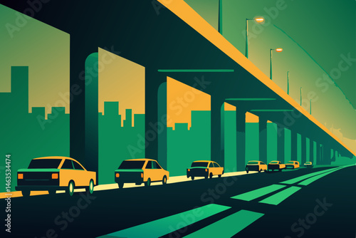 taxi queue under a highway bridge glowing in gold .svg