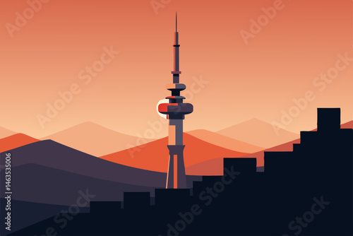 telecom tower blinking on the skyline in low 