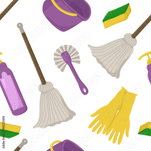 Vector seamless pattern with cleaning items on a white background. Drawing for packaging, business cards and wallpapers with bright objects.