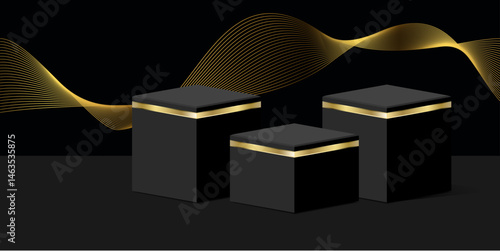 Elegant 3D luxury podium vector featuring dynamic lighting and gold accents. Ideal for premium product displays, branding, and modern promotional visuals.	