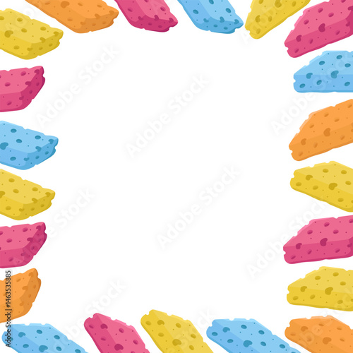 Vector colored frame with sponges for cleaning and cleaning the house. Card with objects for sanitation and copy space.