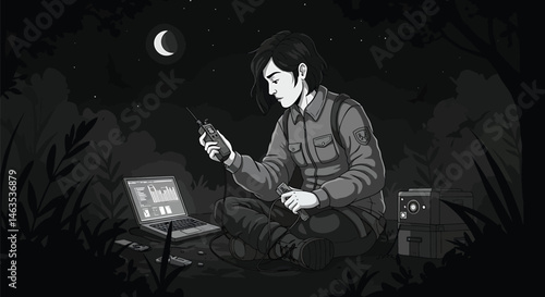 Bat Ecologist Night Research, Vector Illustration