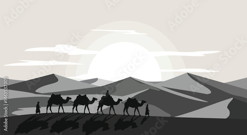 Desert Camel Caravan Sunset - Vector Illustration