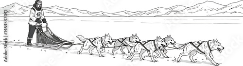 Dog Sled Team Crossing Snowy Landscape, Black and White Vector