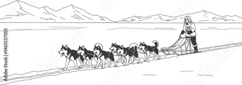 Dog Sled Team Crossing Snowy Landscape, Black and White Vector