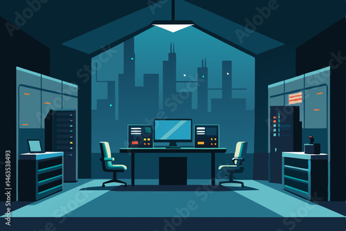 underground hacker den with code boards and server.svg