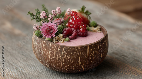 A Sweet Treat: a close-up of a delicious dessert, beautifully presented in a halved coconut shell, adorned with fresh berries and vibrant flowers.