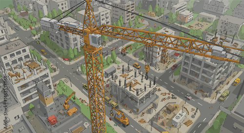 Crane Operator Above City Construction, Vector Art