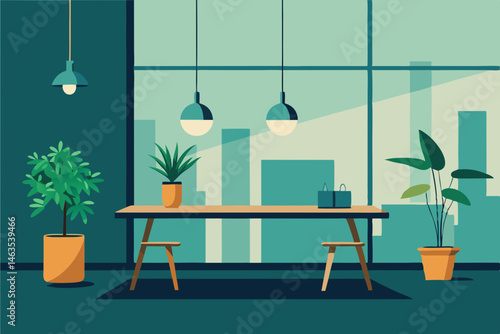 urban jungle workspace with hanging planters 