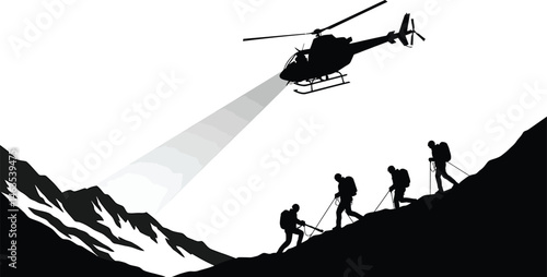 Mountain Rescue Team Silhouette with Helicopter