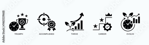 Success Journey Icon Set Isolated Vector With Icon Of Triumph, Accomplished, Thrive, Career, Evolve In Glyph Style