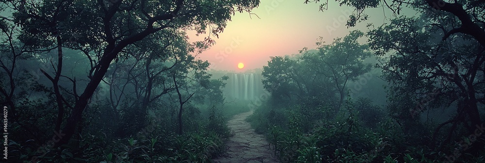 Fototapeta premium Misty Sunrise Forest Path