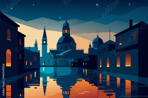 Venice in the rain with glowing reflections 