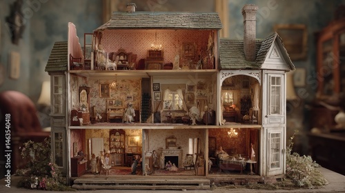 Detailed wooden miniature dollhouse interior